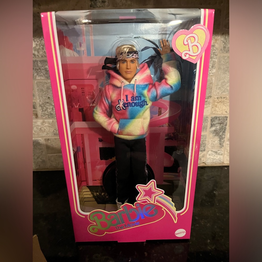 BARBIE MOVIE KEN DOLL WEARING I AM KENOUGH HOODIE RYAN GOSLING LIKENESS‎ IN HAND
